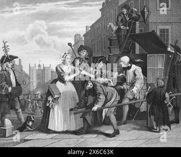 Illustration en noir et blanc: "Arrêté pour dette comme allant au tribunal". Gravure d'après William Hogarth (1697 - 1764) de sa série, 'The Rake's Progress' Banque D'Images