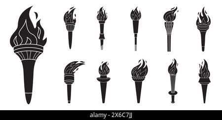 Torche avec icône de silhouette de flamme. Le symbole de la victoire, du succès ou de la réussite. Silhouettes diverses torches flamboyantes isolées sur blanc. Illustration vectorielle dessinée à la main de style Doodle Illustration de Vecteur