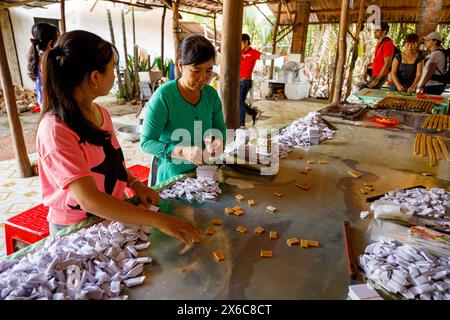 Production de bonbons cocos dans le delta du Mékong à Cai rang au Vietnam, Banque D'Images