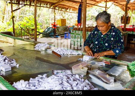 Production de bonbons cocos dans le delta du Mékong à Cai rang au Vietnam, Banque D'Images