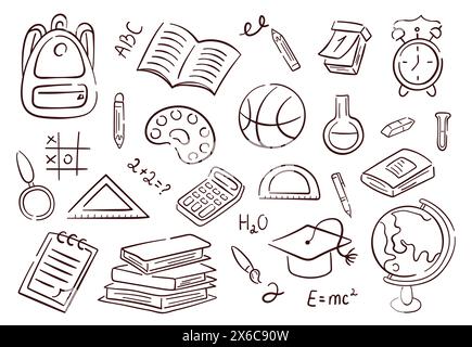 Collection rentrée septembre dans un style croquis. Ensemble de fournitures pour le bureau, l'éducation, les enseignants et les enfants. Illustration vectorielle isolée sur un Illustration de Vecteur