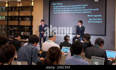 Tokyo, Japon. 14 mai 2024. Le patineur artistique Shoma Uno, triple médaillé olympique et double champion du monde, annonce sa retraite à 26 ans lors d’une conférence de presse à Tokyo, au Japon, le mardi 14 mai 2024. Photo de Keizo Mori/UPI crédit : UPI/Alamy Live News Banque D'Images