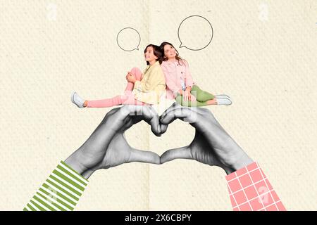 Image composite de collage de couple drôle de petits enfants coeur geste mains datant bizarre insolite panneau d'affichage fantaisie Banque D'Images