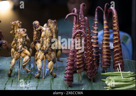 Street food dans un marché vietnamien - grenouilles entières et tentacules de poulpe sont offerts à la vente Banque D'Images