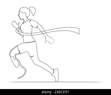 Le dessin continu d'une seule ligne de femme handicapée avec jambe artificielle atteint la ligne d'arrivée en première place dans une course de course. Entraînement sportif sain Illustration de Vecteur