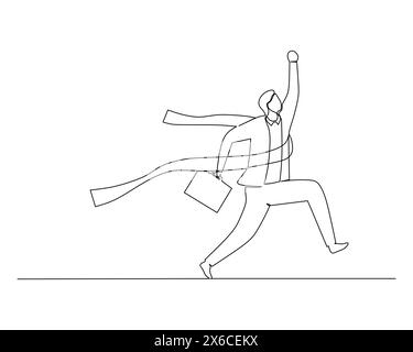 Dessin continu à une seule ligne de l'homme dans la combinaison et portant une valise a atteint la ligne d'arrivée en première place dans la course à pied Illustration de Vecteur