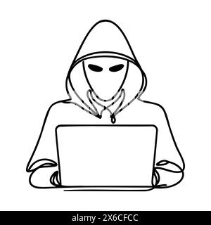 Concept de symbole de cybersécurité de pirate informatique continu d'une ligne. Icône de pirate de silhouette. Illustration vectorielle de dessin d'esquisse à ligne unique blanche numérique. Illustration de Vecteur