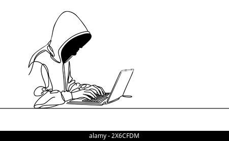Concept de symbole de cybersécurité de pirate informatique continu d'une ligne. Icône de pirate de silhouette. Illustration vectorielle de dessin d'esquisse à ligne unique blanche numérique. Illustration de Vecteur