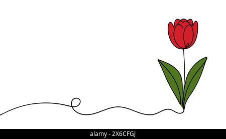 Tulipe dessin d'une ligne. Ligne continue de fleur abstraite. Croquis dessiné à la main de fleur avec des feuilles Illustration de Vecteur