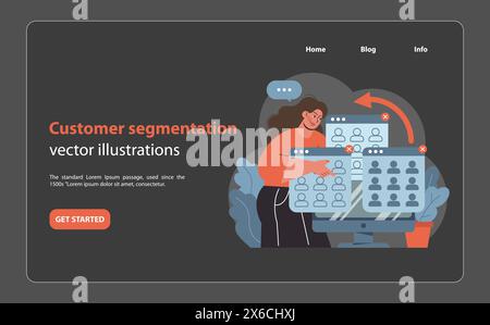 Concept de segmentation de la clientèle. Femme enthousiaste catégorisant les profils numériques, rationalisant les stratégies de marketing pour les publics ciblés. Personnalisation en action. Illustration vectorielle plate. Illustration de Vecteur