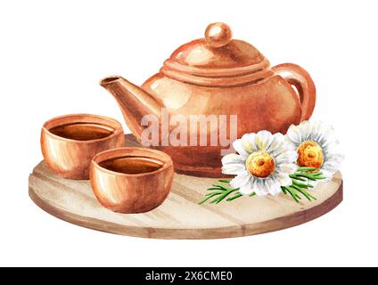 Service à thé d'été en terre cuite avec fleur de camomille. Illustration d'aquarelle dessinée à la main isolée sur fond blanc Banque D'Images