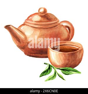 Service à thé en terre cuite avec théière et tasse. Illustration d'aquarelle dessinée à la main isolée sur fond blanc Banque D'Images
