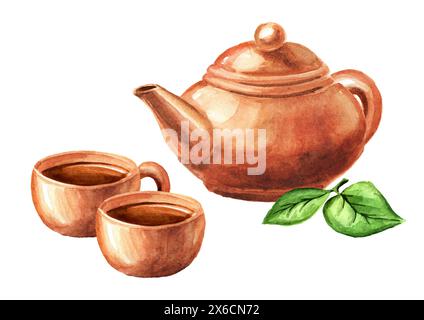 Service à thé en terre cuite avec théière et tasses. Illustration d'aquarelle dessinée à la main isolée sur fond blanc Banque D'Images