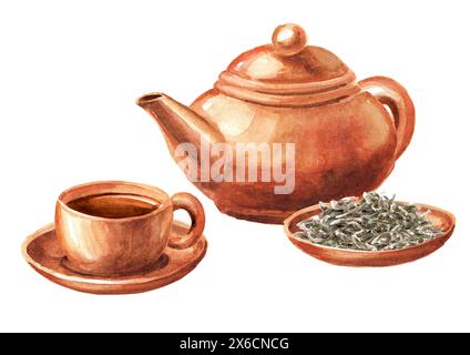 Service à thé en terre cuite avec théière, tasse et infusion de thé blanc. Illustration d'aquarelle dessinée à la main isolée sur fond blanc Banque D'Images