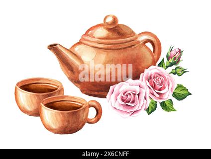 Service à thé en terre cuite avec théière, tasse et fleur de rose. Illustration d'aquarelle dessinée à la main isolée sur fond blanc Banque D'Images