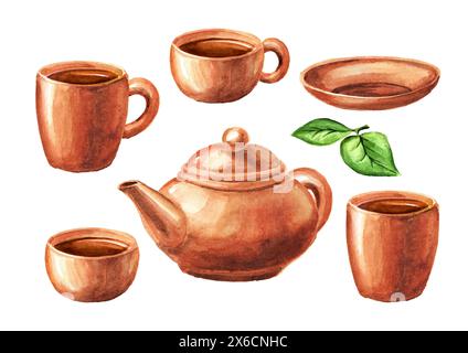 Service à thé en terre cuite avec théière, tasse, tasse et soucoupe. Illustration d'aquarelle dessinée à la main isolée sur fond blanc Banque D'Images