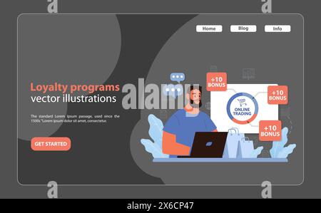 Homme confiant s'engageant avec des programmes de fidélité en ligne, gagner des points bonus pour le trading en ligne. Des offres digitales qui l’entourent, mettant en avant les avantages client. Incitations commerciales. Vecteur plat. Illustration de Vecteur