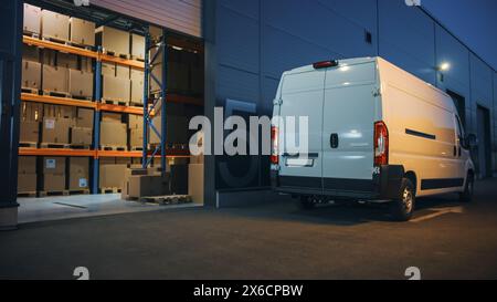 En dehors de l'entrepôt de distribution logistique et fourgonnette de livraison prête à rouler. Camion livrant des commandes en ligne, des achats, des marchandises de commerce électronique, des marchandises en gros. Prise de vue en soirée. Banque D'Images