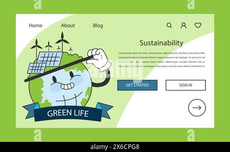 Bannière web ou page de destination World Vegan Day. Mode de vie durable. Planète smiley avec visage de dessin animé. Régime à base de plantes sans cruauté avec nutrition et vitamines. Illustration vectorielle plate Illustration de Vecteur