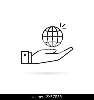 main noire fine avec icône de globe linéaire Illustration de Vecteur