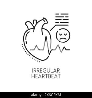 Icône de ligne de symptôme d'anémie de battement de coeur irrégulière de l'hématologie, maladie physique, science de la médecine. Contour vectoriel du cœur avec signe isolé de fréquence cardiaque d'arythmie, de tachycardie ou de bradycardie Illustration de Vecteur