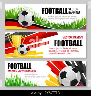 Euro soccer Cup Allemagne 2024 bannières avec des ballons de football 3D réalistes, trophée et herbe. Fonds dynamiques vectoriels vibrants avec drapeau allemand noir, rouge, jaune, promouvant l'événement du tournoi Illustration de Vecteur