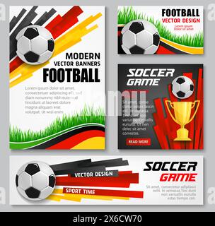 Allemagne 2024 euro les bannières et affiches de coupe de football ensemble vectoriel présentent des ballons de football dynamiques, des trophées et de l'herbe avec des couleurs de drapeau allemand noir, rouge et jaune promouvant le tournoi de football de ligue nationale Illustration de Vecteur
