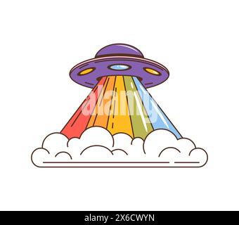 Soucoupe ufo groovy rétro, moteur spatial de l'ère psychédélique volant ou planant avec des nuages de fumée, son dôme violet et sa traînée arc-en-ciel dégageant des vibrations funky et lointaines qui rappellent la science-fiction rétro Illustration de Vecteur