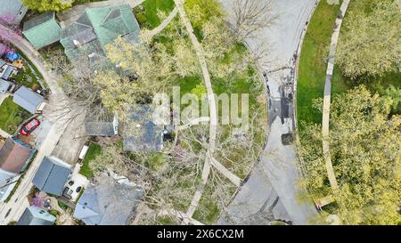 Vue aérienne de haut en bas du quartier luxuriant de banlieue au printemps Banque D'Images