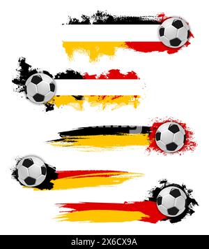 Allemagne 2024 euro football Cup grunge bannières. Ballons de football vectoriel avec des coups de pinceau vibrants dans les couleurs du drapeau de l'équipe allemande noire, rouge et jaune. Cadres horizontaux de mise en page rayée pour les événements de championnat Illustration de Vecteur