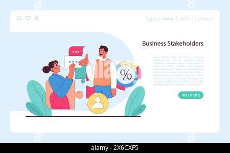 Concept des parties prenantes de l'entreprise. Un échange dynamique d'idées autour des indicateurs de performance clés et de l'engagement des utilisateurs, améliorant la stratégie de l'entreprise. Illustration vectorielle plate. Illustration de Vecteur