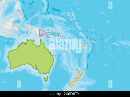 Illustration vectorielle Blank Political Oceania Map avec différentes couleurs pour chaque pays. Calques modifiables et clairement étiquetés. Illustration de Vecteur