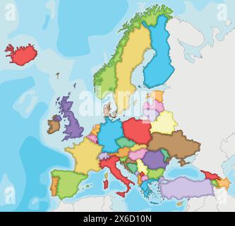 Illustration vectorielle Blank Political Europe Map avec différentes couleurs pour chaque pays. Calques modifiables et clairement étiquetés. Illustration de Vecteur