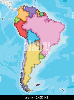 Illustration vectorielle Blank Political South America avec différentes couleurs pour chaque pays. Calques modifiables et clairement étiquetés. Illustration de Vecteur