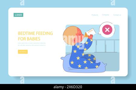 L'alimentation des bébés au coucher. Illustration mettant en évidence les risques des biberons nocturnes, favorisant la sensibilisation à la santé bucco-dentaire dès la petite enfance. Illustration de Vecteur