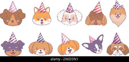 Chiens de portraits mignons dans des casquettes d'anniversaire de différentes races ensemble. Museau drôle de chihuachua, mongrel, spitz, rottweiler, caniche, Shiba Inu, Shih Tzu. ISO Illustration de Vecteur