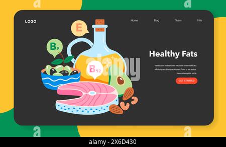 Concept de snacking sain. Aliments riches en nutriments et riches en vitamines E, B9 et B12. Aliments essentiels équilibrés avec avocat, noix et poisson. Illustration vectorielle. Illustration de Vecteur