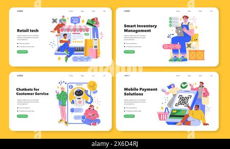 Kit de technologie de vente au détail. Faire progresser le commerce via les achats en ligne, la gestion des stocks, les chatbots IA et les paiements mobiles. Transformation digitale dans les ventes. Illustration vectorielle. Illustration de Vecteur