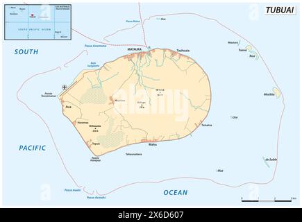 Carte vectorielle de l'île de Tubuai en Polynésie française Banque D'Images