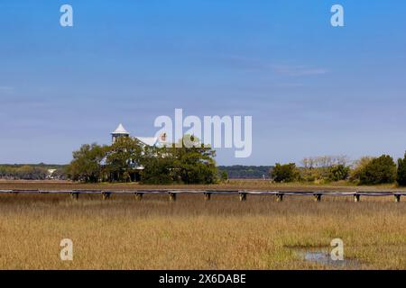 Une maison entourée d'arbres se trouve à la lisière des zones humides près de Charleston Caroline du Sud, États-Unis. Banque D'Images