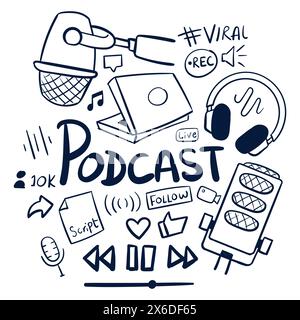 Dessin de création de contenu de podcast. Griffonnages de podcast dessinés à la main. vecteur de dessins de podcast Illustration de Vecteur