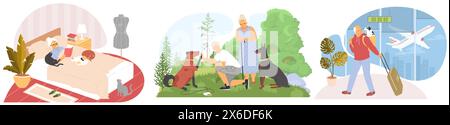 Personnes âgées personnages de dessins animés passant du temps avec les animaux de compagnie Illustration de Vecteur