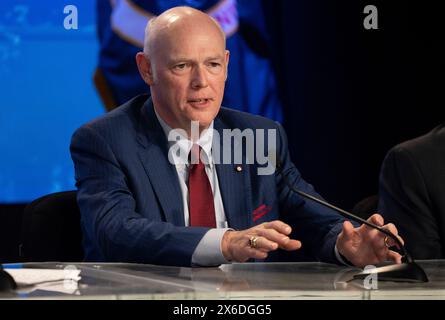 Cap Canaveral (États-Unis d'Amérique). 06 mai 2024. Tory Bruno, PDG de United Launch Alliance, lors d'un briefing sur le lancement épuré du Boeing Crew Flight test au Kennedy Space Center, le 6 mai 2024, à Cape Canaveral, en Floride. Le Boeing Crew Flight test de la NASA est le premier lancement avec des astronautes du vaisseau spatial Boeing CFT-100 vers la Station spatiale internationale. Crédit : Joel Kowsky/NASA photo/Alamy Live News Banque D'Images