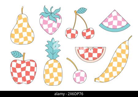 Fruits à carreaux rétro à motifs. Poire abstraite, fraise, cerise, pastèque, pomme, ananas, banane illustrations vectorielles. Illustration de Vecteur