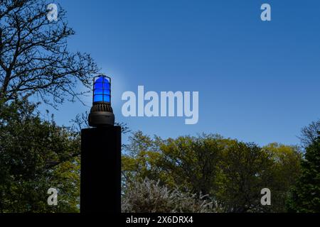 Lumière bleue d'urgence sur le campus de l'université la nuit avec espace de copie sur la droite. Banque D'Images