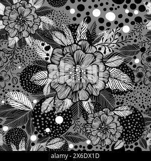 Fond floral sans couture noir et blanc. Fleurs graphiques. . dessin à la main. Pas IA. Illustration vectorielle Illustration de Vecteur