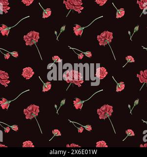Rose avec des bourgeons sur la tige. Rouge profond, roses écarlate. Modèle sans couture de fleurs de rubis d'été. Plantes florissantes réalistes. Illustration aquarelle Banque D'Images
