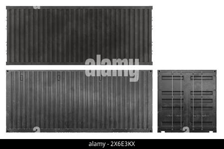 représentation 3d d'un ensemble de conteneurs de fret dans de multiples vues ortographiques isométriques. Ouvert et fermé. Couleur noire. Banque D'Images