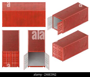 représentation 3d d'un ensemble de conteneurs de fret dans de multiples vues ortographiques isométriques. Ouvert et fermé. Couleur rouge. Banque D'Images