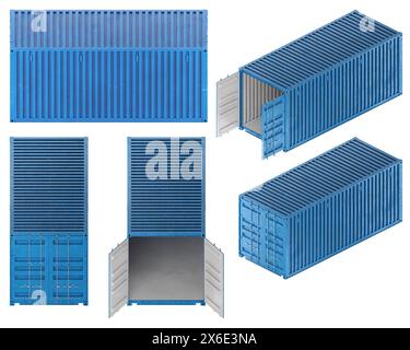 représentation 3d d'un ensemble de conteneurs de fret dans de multiples vues ortographiques isométriques. Ouvert et fermé. Couleur bleue. Banque D'Images